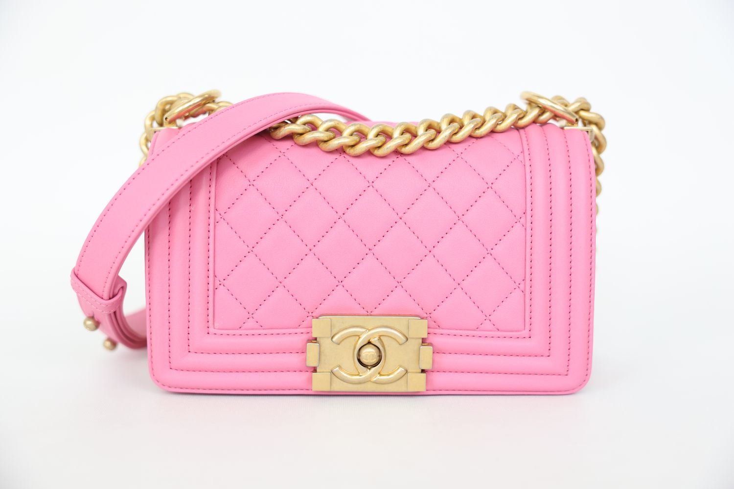 Chanel Boy Bag Small, Pink Lambskin Leather with Gold Hardware, Preowned in Box WA001