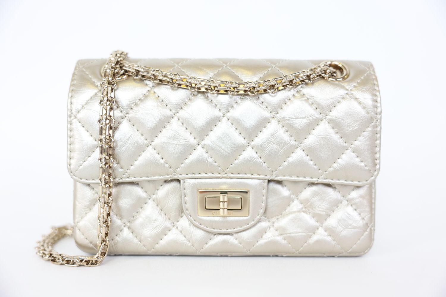 Chanel Reissue 2.55 Mini, Gold Crinkled Calfskin with Gold Hardware, Preowned in Box WA001