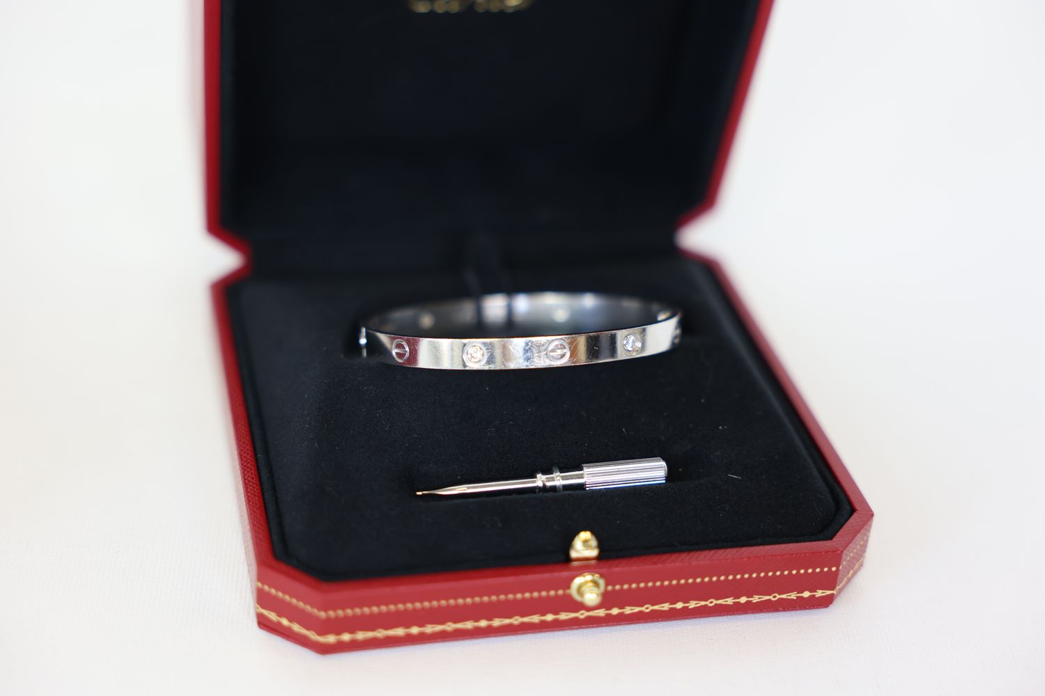Cartier LOVE Bracelet Classic Model Size 19, 18K White Gold with Diamonds, Preowned in Box WA001