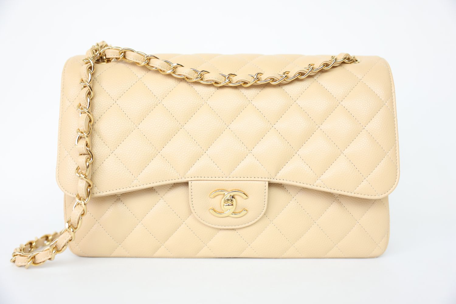 Chanel Classic Double Flap Jumbo, Beige Caviar Leather with Gold Hardware, New in Box WA001