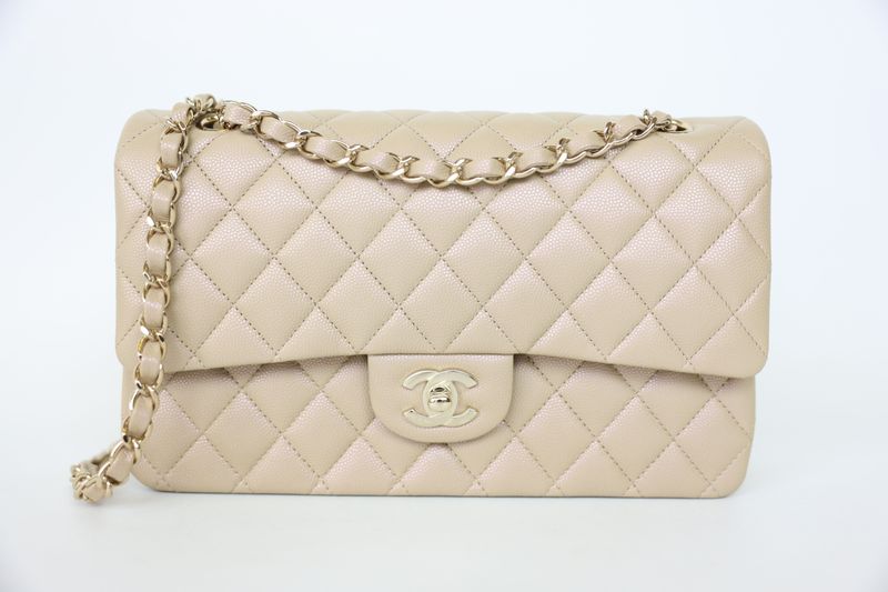 Chanel Classic Medium Double Flap, Iridescent Beige Caviar Leather with Gold Hardware, Preowned in Box WA001