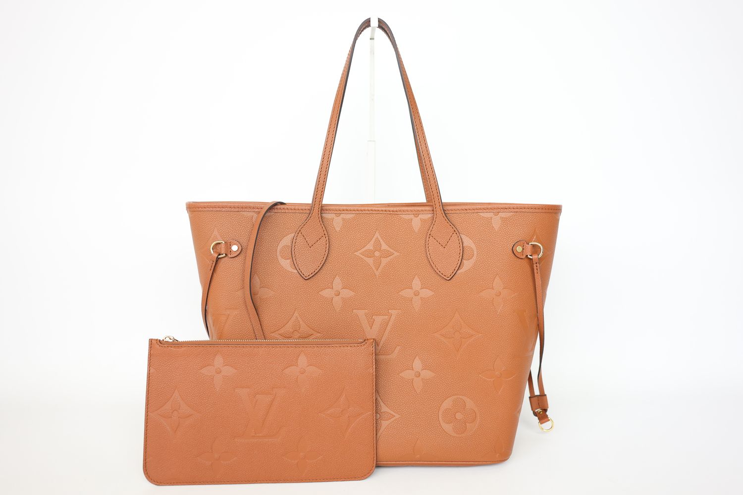 Louis Vuitton Neverfull MM Set, Cognac Monogram Empreinte Leather with Gold Hardware, Preowned in Box WA001
