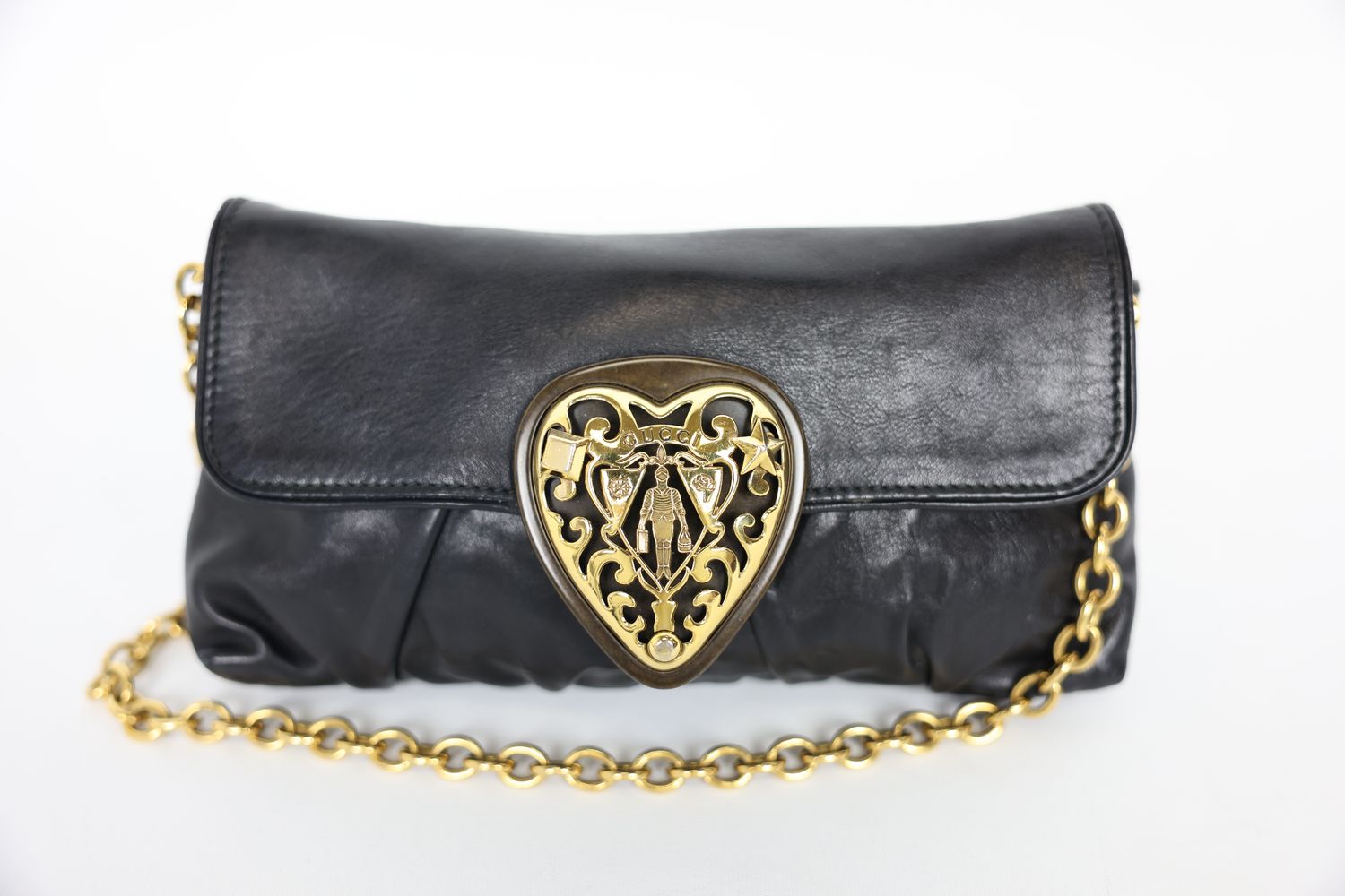 Gucci Babouska Hysteria Baguette, Black Leather with Gold Hardware, Preowned in Dustbag WA001