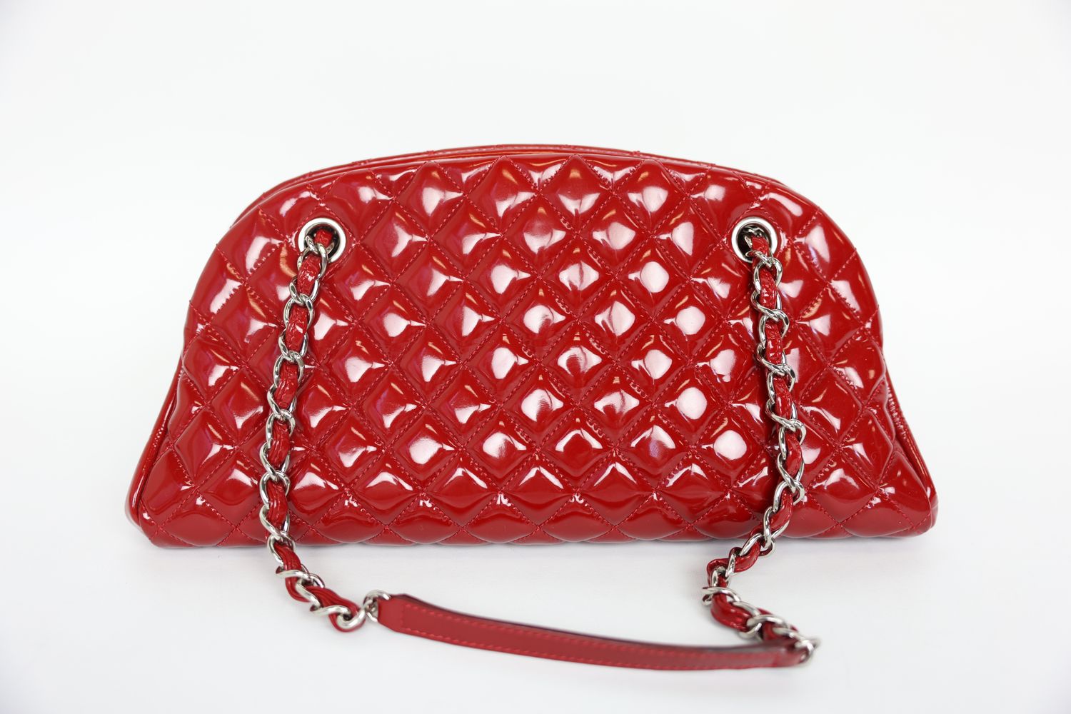 Chanel Just Mademoiselle Medium, Red Quilted Patent Leather with Silver Hardware, Preowned WA001