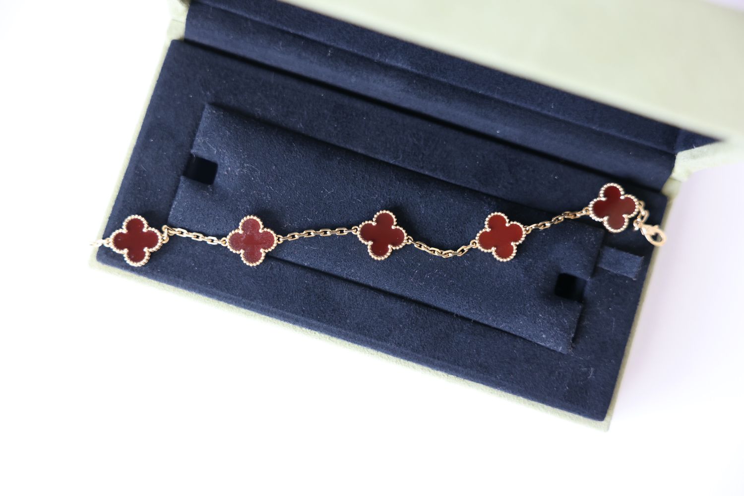 Van Cleef and Arpels Vintage Alhambra Bracelet 5 Motifs, Carnelian with 18K Yellow Gold, Preowned in Box WA001