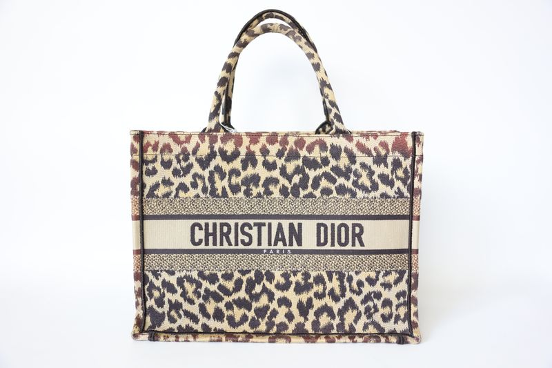 Dior Book Tote Medium, Leopard Embroidered Canvas, Preowned in Dustbag WA001