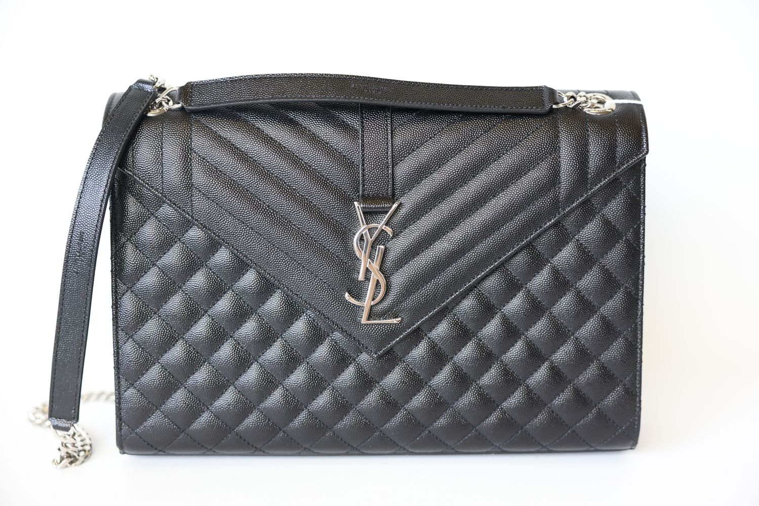 Saint Laurent Envelope Large, Black Quilted Leather with Silver Hardware, New in Dustbag WA001