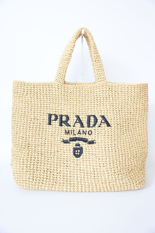 Prada Open Tote Large, Woven Raffia with Black Logo, Preowned in Dustbag WA001.