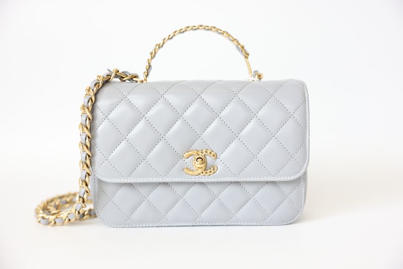 Chanel Top Handle Flap, Grey Quilted Calfskin with Gold Hardware, Preowned in Box WA001