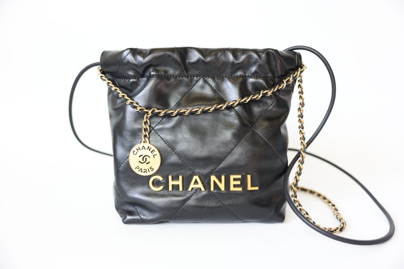 Chanel 22 Mini, 24C Black Calfskin with Gold Hardware, Preowned In Box WA001