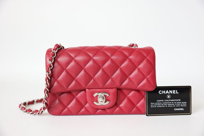 Chanel Classic Mini Rectangular, Red Caviar with Silver Hardware, Preowned in Box WA001