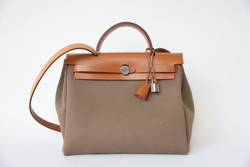 Hermes Herbag Zip 31 MM, Etoupe Toile and Vache Hunter Leather with Palladium Hardware, Preowned in Dustbag WA001