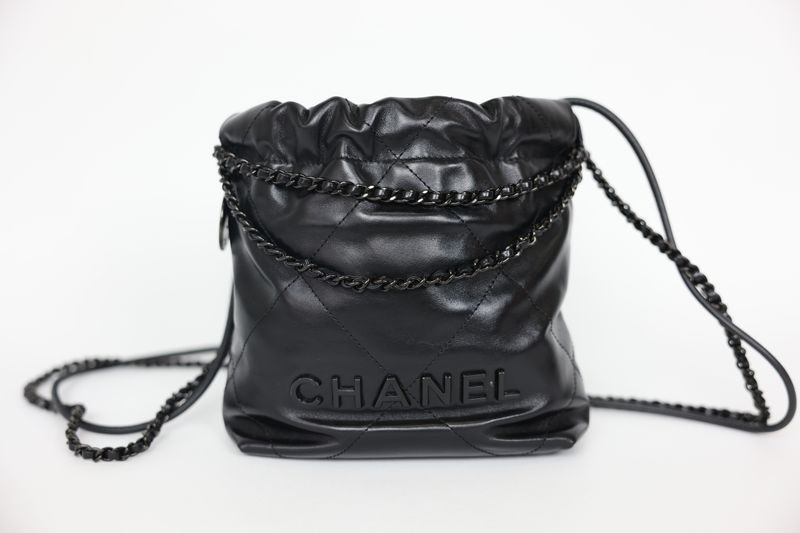 Chanel 22 Mini, So Black Shiny Calfskin with Black Hardware, Preowned in Box WA001