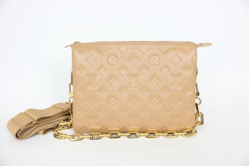 Louis Vuitton Coussin PM, Camel Monogram Embossed Puffy Lambskin with Gold Hardware, Preowned in Dustbag WA001