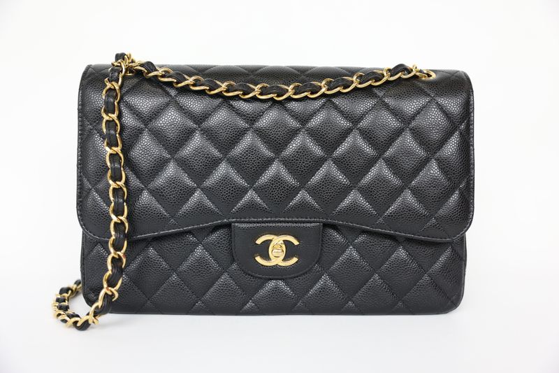 Chanel Classic Double Flap Jumbo, Black Caviar Leather with Gold Hardware, Preowned in Box WA001