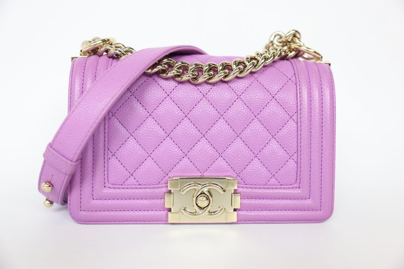 Chanel Boy Small, Purple Caviar with Silver Hardware, Preowned in Dustbag WA001