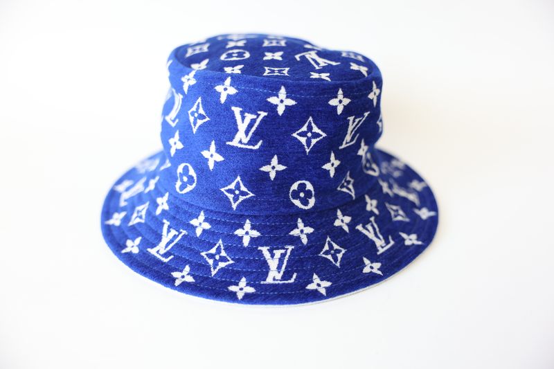 Louis Vuitton Reversible Bucket Hat, Blue and White Monogram Velvet, New in Box WA001