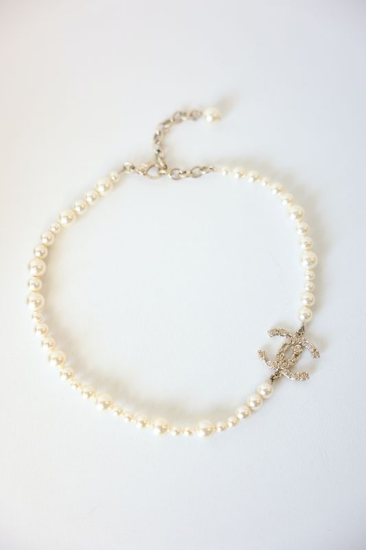 Chanel Camellia CC Necklace, White Faux Pearls with Golden Hardware, Preowned WA001