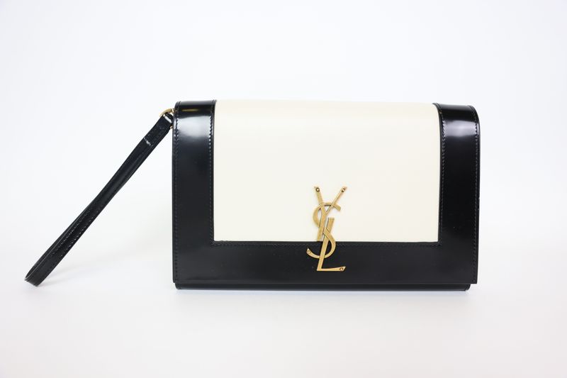 Saint Laurent Cassandre Flap Pouch Wristlet Clutch, Black and White Lambskin and Shiny Leather with Gold Hardware, Preowned in Box WA001