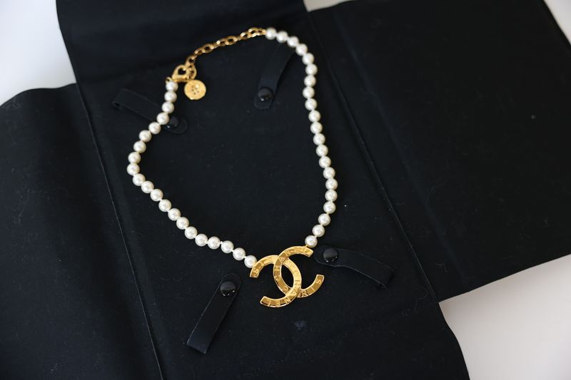 Chanel CC Button Necklace, White Pearls with Gold Hardware, Preowned in Box WA001