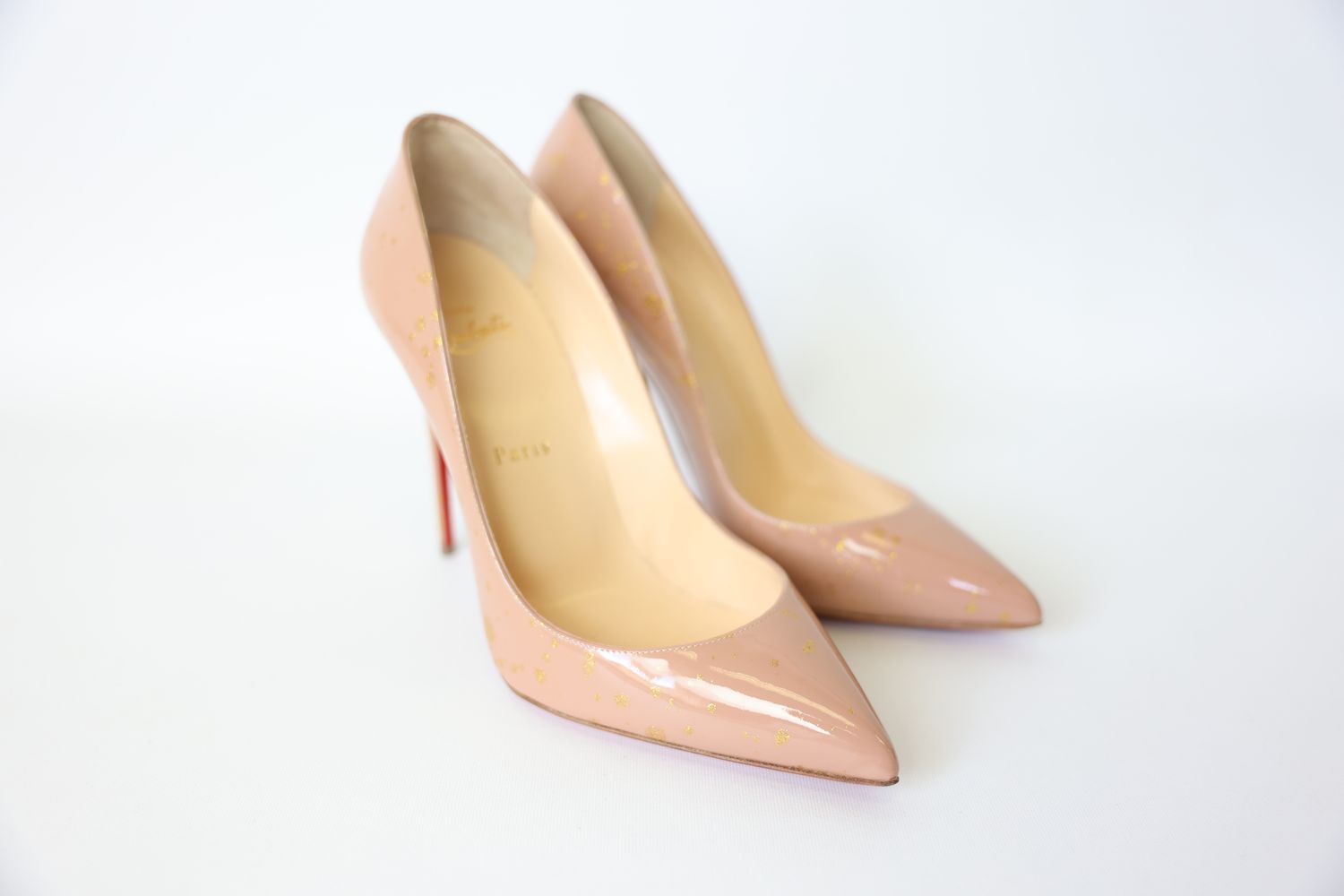 Christian Louboutin Shoes, Beige Patent with Gold Specs, Pigalle Follies 100 Size 39, New in Box WA001