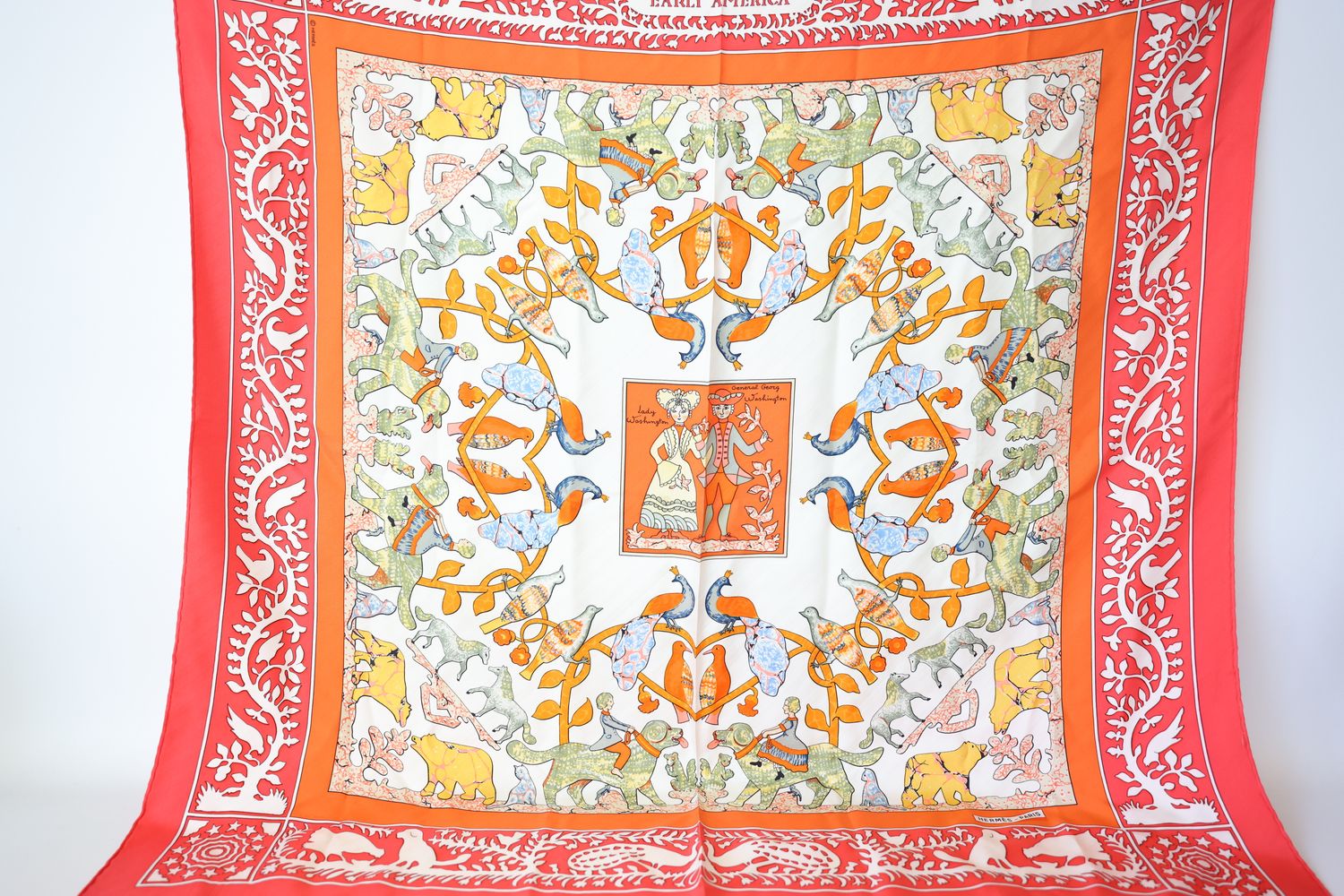 Hermes Early America Square 90 Scarf, Red Orange Multicolored Silk, Preowned in Box WA001