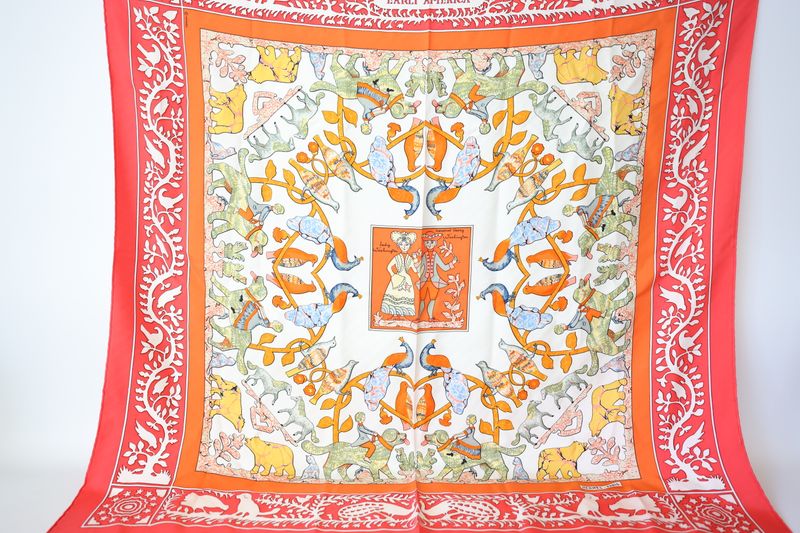 Hermes Early America Square 90 Scarf, Red Orange Multicolored Silk, Preowned in Box WA001