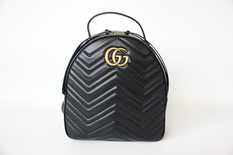 Gucci GG Marmont Backpack, Black Chevron Leather with Gold Hardware, Preowned in Dustbag WA001