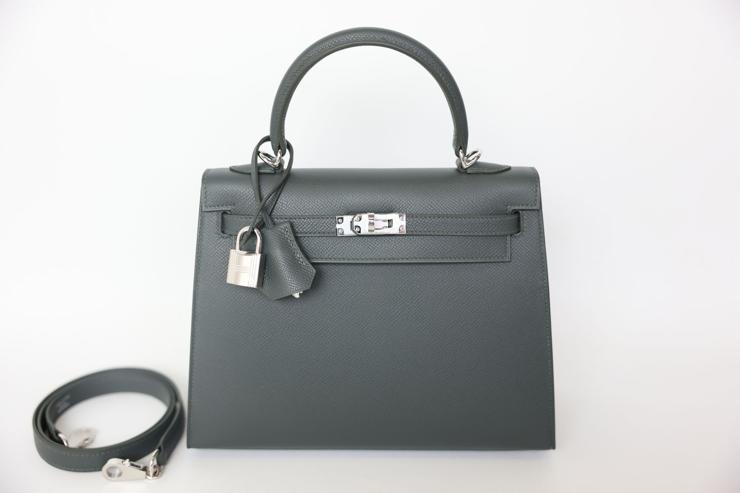 Hermes Kelly 25, Vert Mangrove Green Grey Epsom with Palladium Hardware, K 2025, New in Box WA001