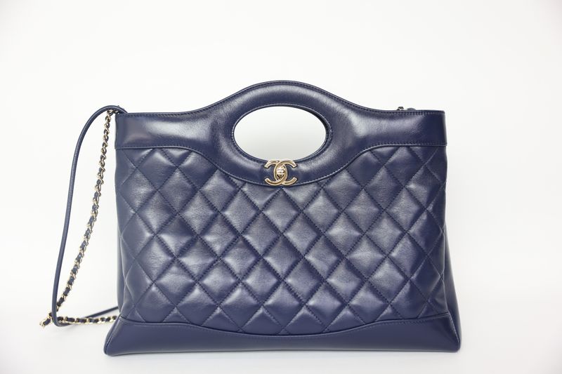 Chanel 31 Shopping Bag Medium, Navy Blue Lambskin with Gold Hardware, Preowned in Box WA001