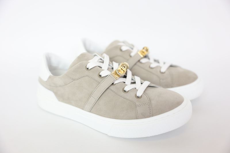Hermes Shoes, Day Sneakers Size 38.5, Beige Esquisse / Blanc  Sketch Beige and White Suede Goatskin and Calfskin with Gold Hardware, New in Box WA001