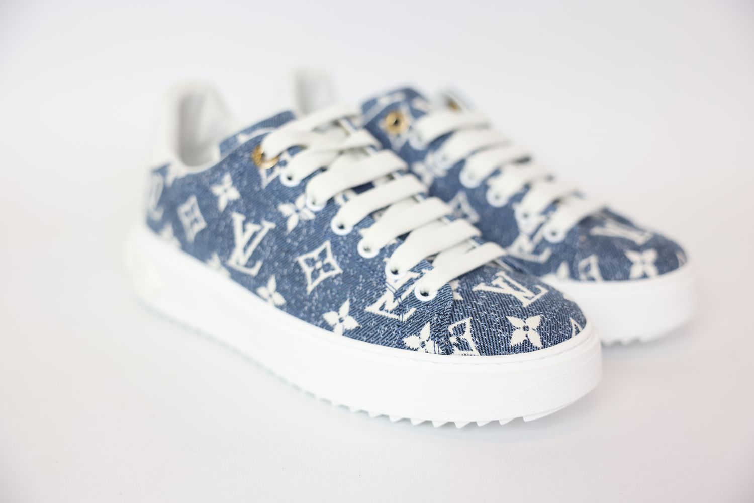 Louis Vuitton Shoes, Time Out Sneakers Size 38, Bleu Clair Light Blue Monogram Denim with Gold Hardware, New in Box WA001