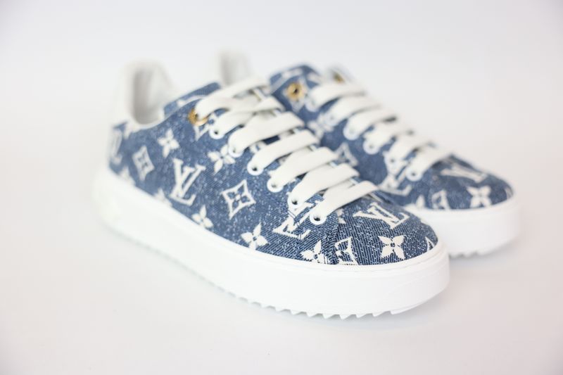 Louis Vuitton Shoes, Time Out Sneakers Size 38, Bleu Clair Light Blue Monogram Denim with Gold Hardware, New in Box WA001