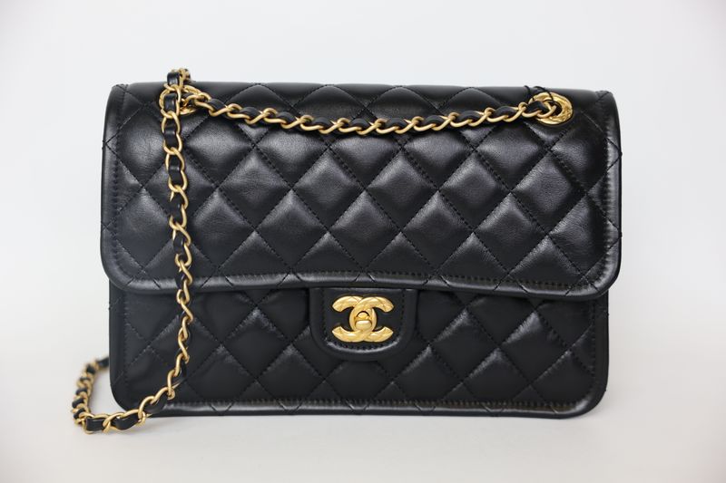 Chanel Single Flap Large, 24K Black Lambskin with Gold Hardware, Preowned in Box WA001