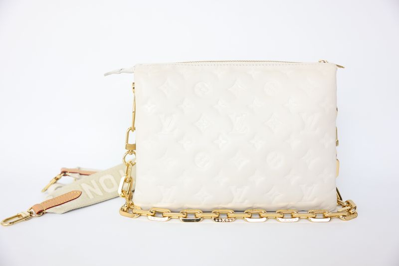 Louis Vuitton Coussin PM, Creme White Monogram-Embossed Puffy Lambskin with Gold Hardware, Preowned in Box WA001