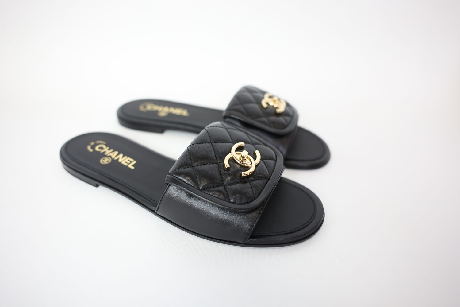 Chanel Shoes, Mules Size 41, 25C Black Lambskin with Gold Hardware, New in Box WA001
