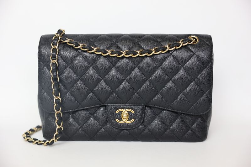 Chanel Classic Jumbo, Black Caviar with Gold Hardware, Preowned in Box WA001
