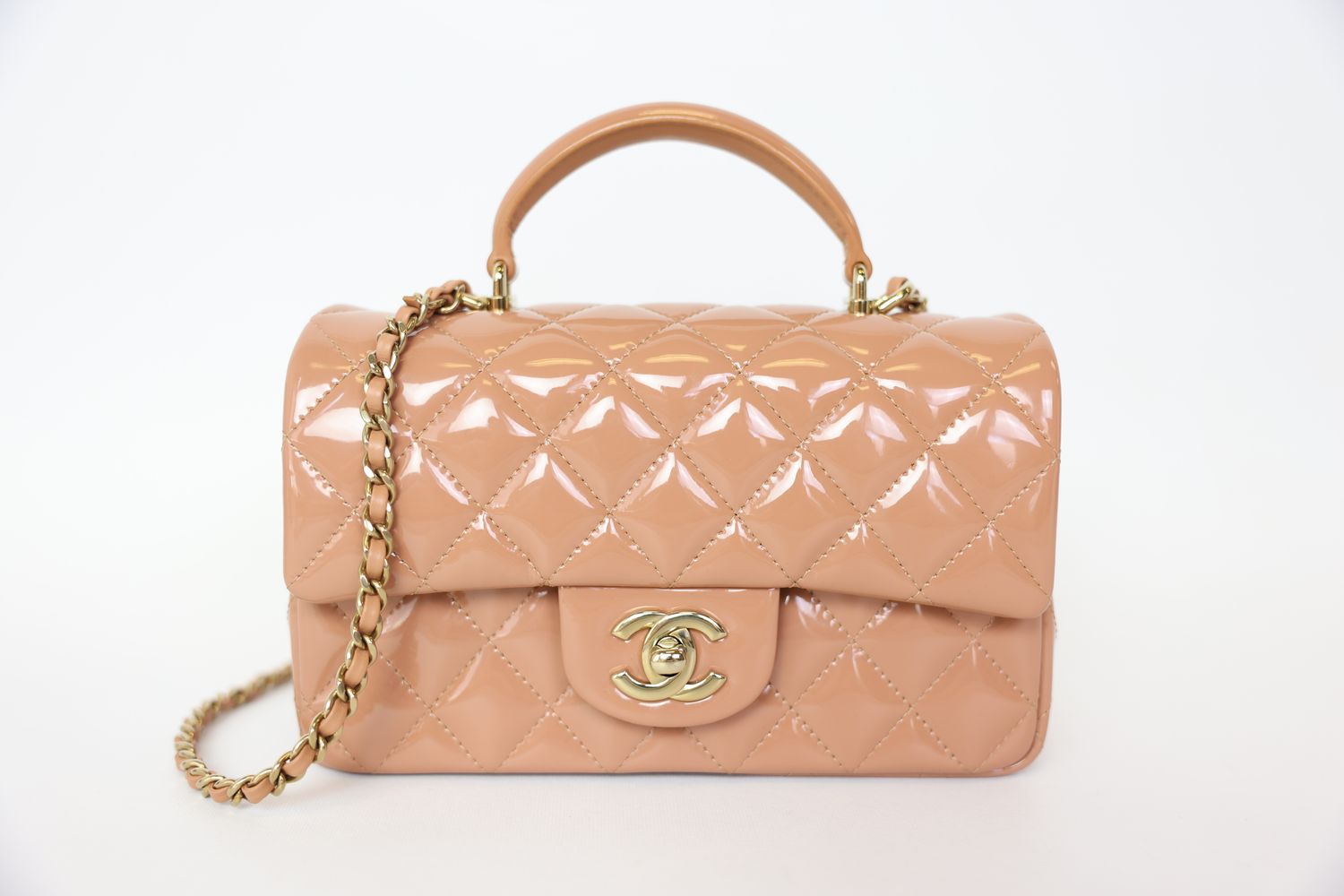 Chanel Flap with Top Handle Mini Rectangular, Tan Patent with Gold Hardware, Preowned in Box WA001