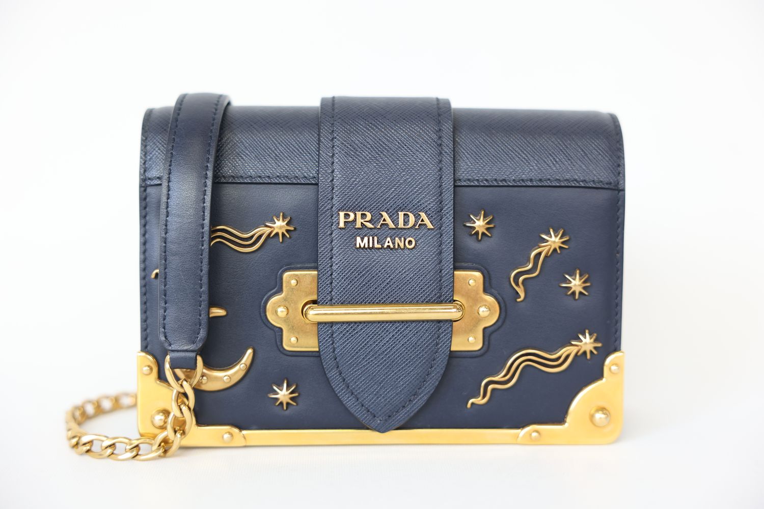 Prada Astrology Cahier, Navy Blue City Calfskin and Saffiano with Gold Hardware, Preowned in Dustbag WA001