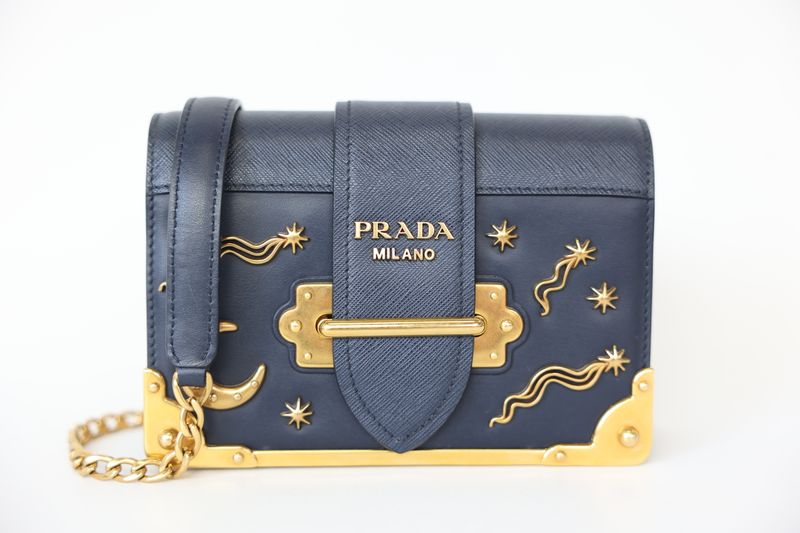 Prada Astrology Cahier, Navy Blue City Calfskin and Saffiano with Gold Hardware, Preowned in Dustbag WA001