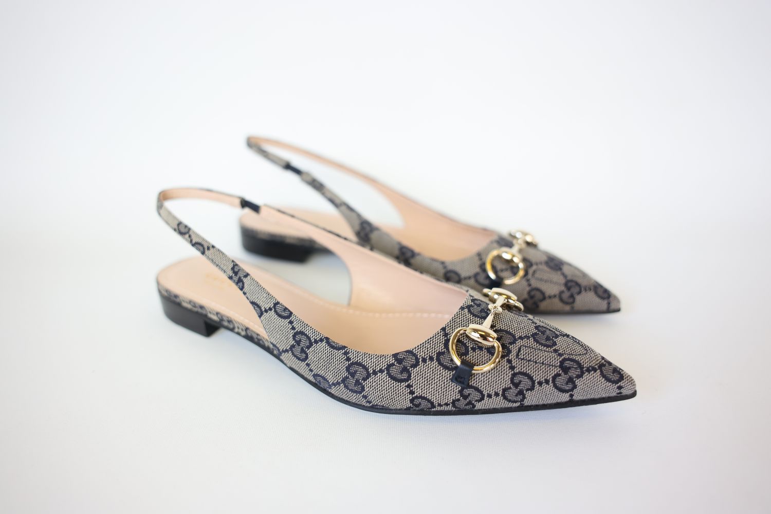 Gucci Shoes, Horsebit Slingback Size 39, Navy Blue Original GG Canvas with Gold Hardware, New in Box WA001