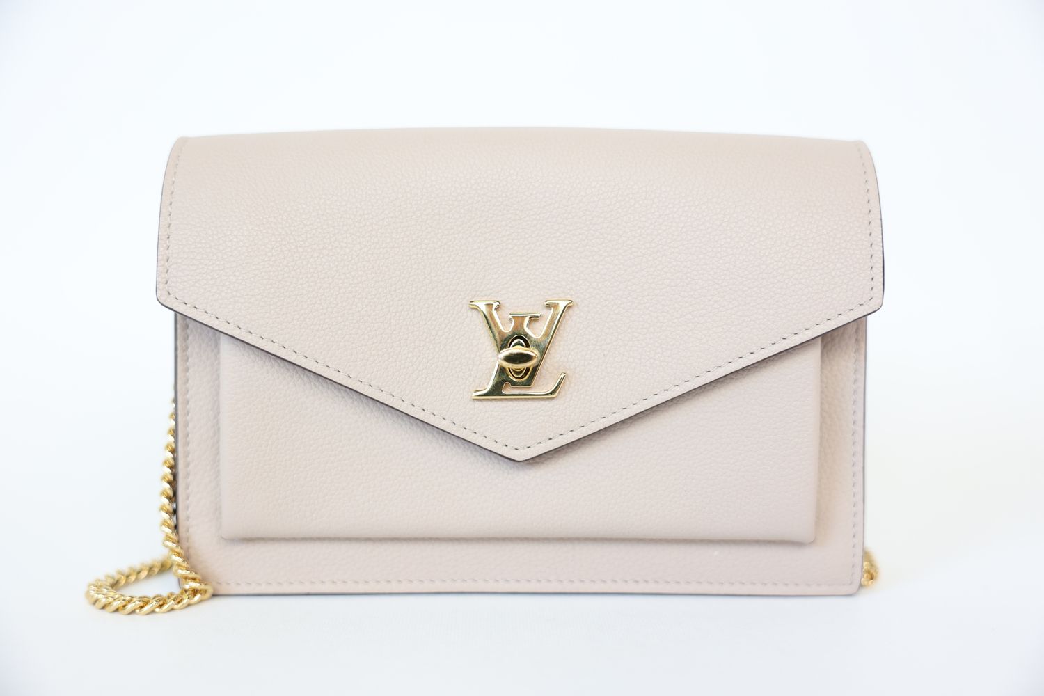 Louis Vuitton Mylockme Chain Pochette, Greige Gray/Beige Soft Grained Calfskin with Gold Hardware, Preowned in Box WA001