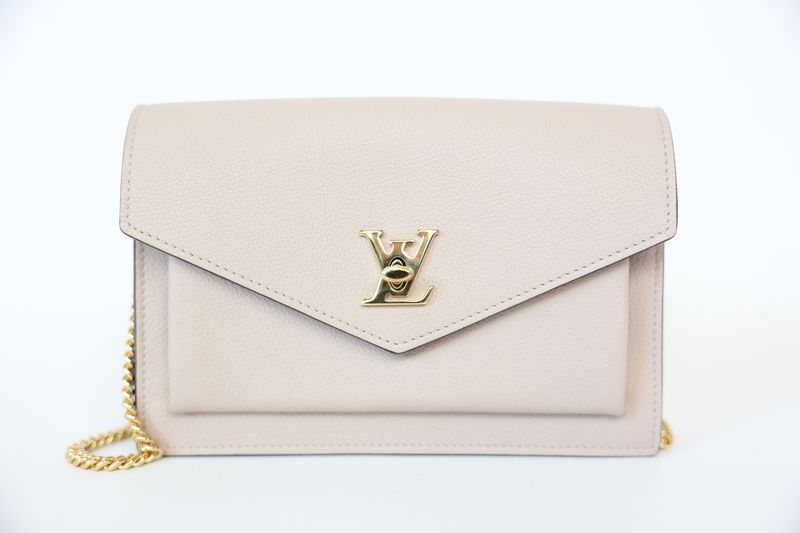 Louis Vuitton Mylockme Chain Pochette, Greige Gray/Beige Soft Grained Calfskin with Gold Hardware, Preowned in Box WA001