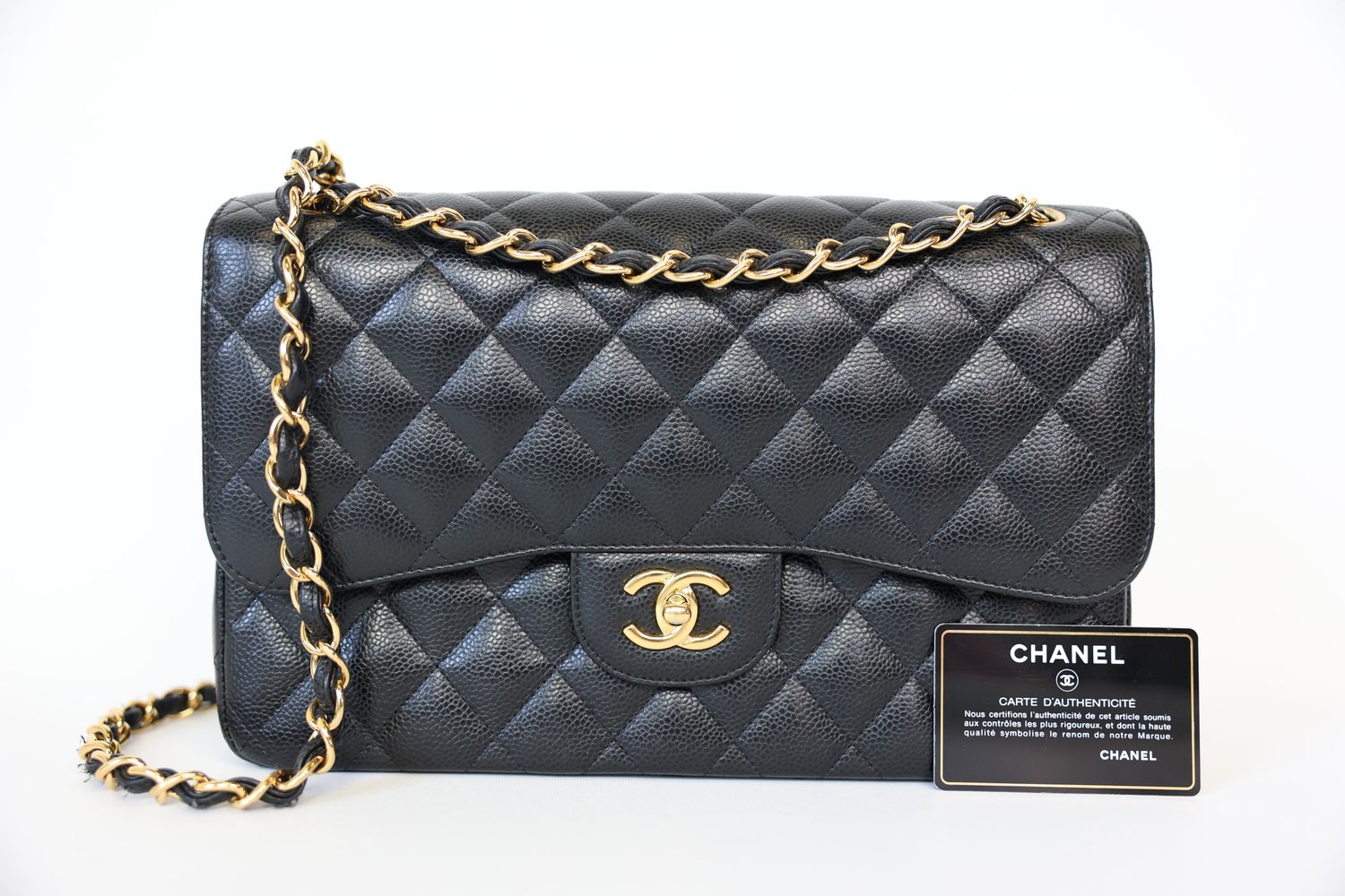 Chanel Classic Jumbo, Black Caviar with Gold Hardware, Preowned in Box WA001