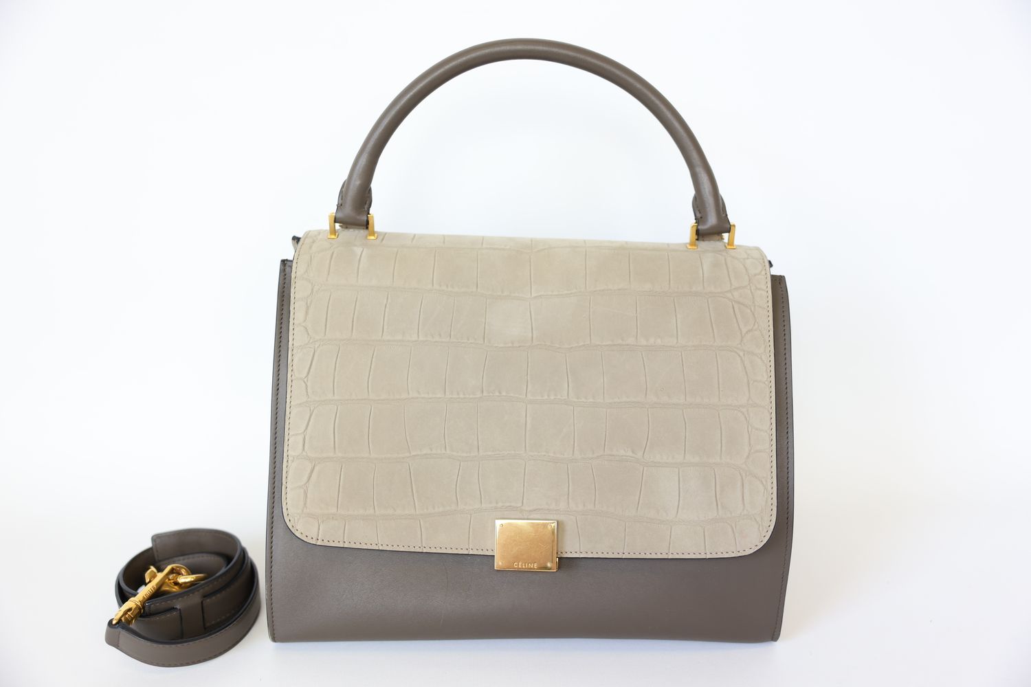 Celine Trapeze Medium,Brown and  Taupe Crocodile Embossed Nubuck with Gold Hardware, Preowned in Dustbag WA001