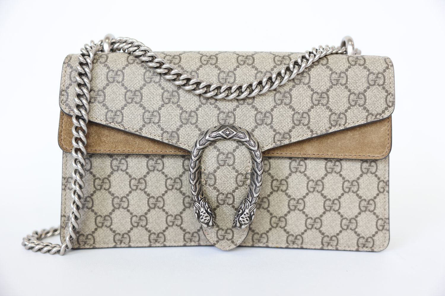 Gucci Dionysus Medium, Beige/Ebony GG Supreme and Taupe Suede with Silver Hardware, Preowned in Dustbag WA001