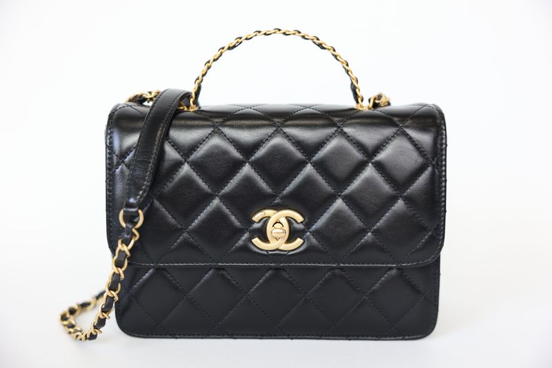 Chanel Flap with Triple Chain Top Handle Small, Black Lambskin with Gold Hardware, Preowned in Dustbag WA001