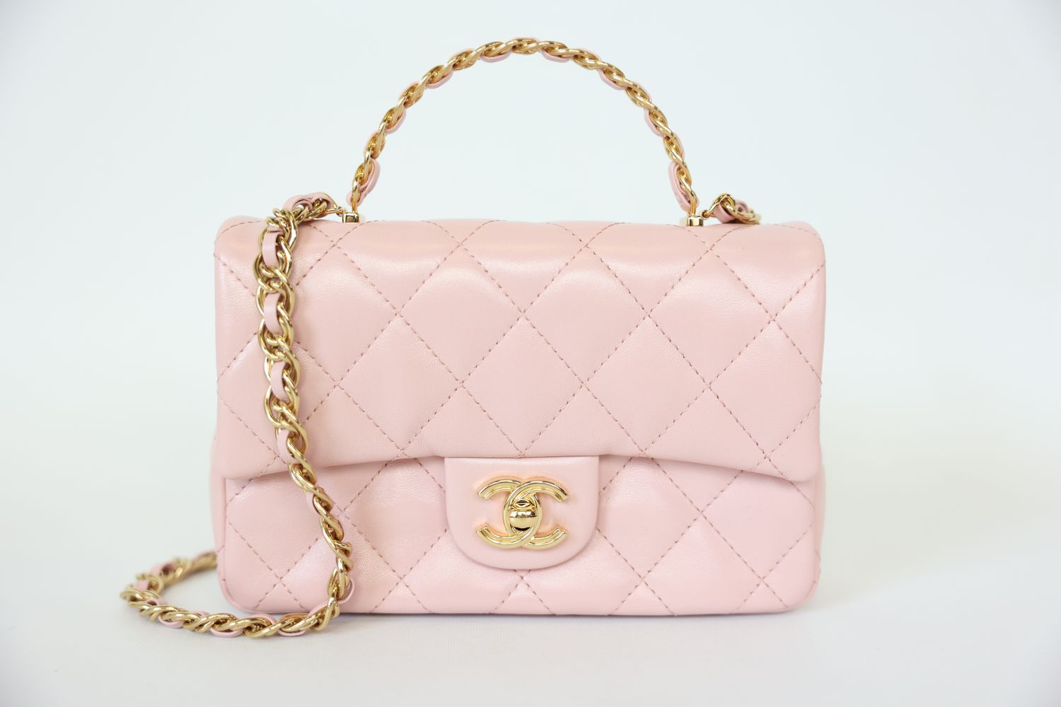 Chanel Flap with Top Handle Mini, 23S Light Pink Rose Shiny Lambskin with Gold Hardware, New in Box WA001