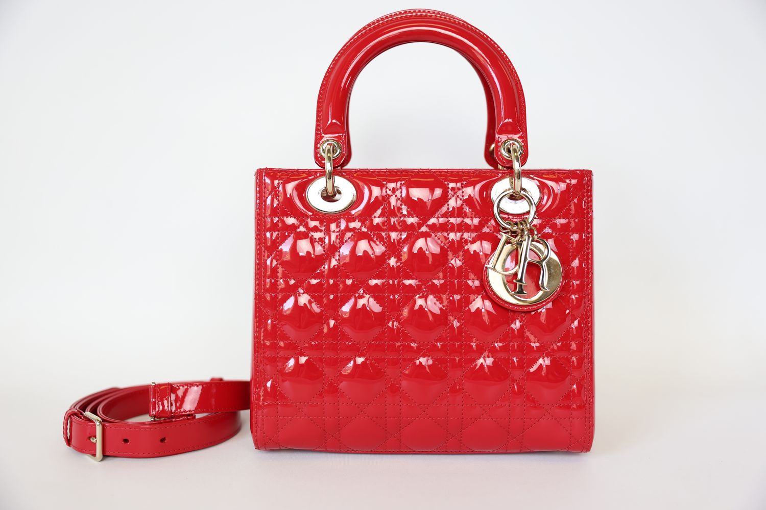 Dior Lady Dior Bag Medium, Red Patent Cannage Calfskin with Gold Hardware, Preowned in Dustbag WA001