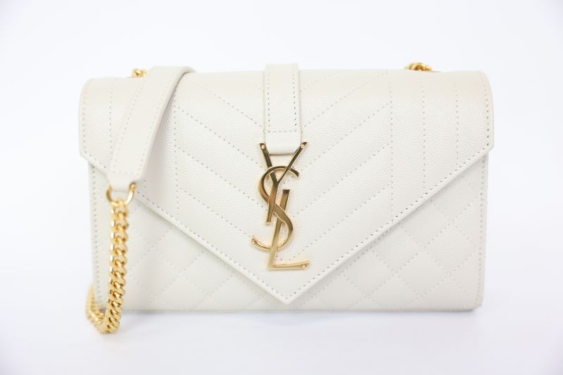 Saint Laurent Envelope Small, Cream Grained Calfskin with Gold Hardware, Preowned in Box WA001